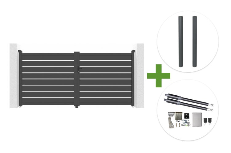 Zweiflügeliges Einfahrtstor mit horizontalen Lamellen, inklusive zwei Pfosten und elektrischem Drehtorantrieb-Set mit Fernbedienungen.
