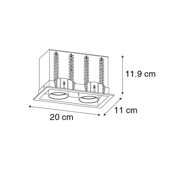Technische Zeichnung eines zweiflammigen Einbaustrahlers: 20 Zentimeter Breite, 11 Zentimeter Tiefe und 11,9 Zentimeter Höhe.