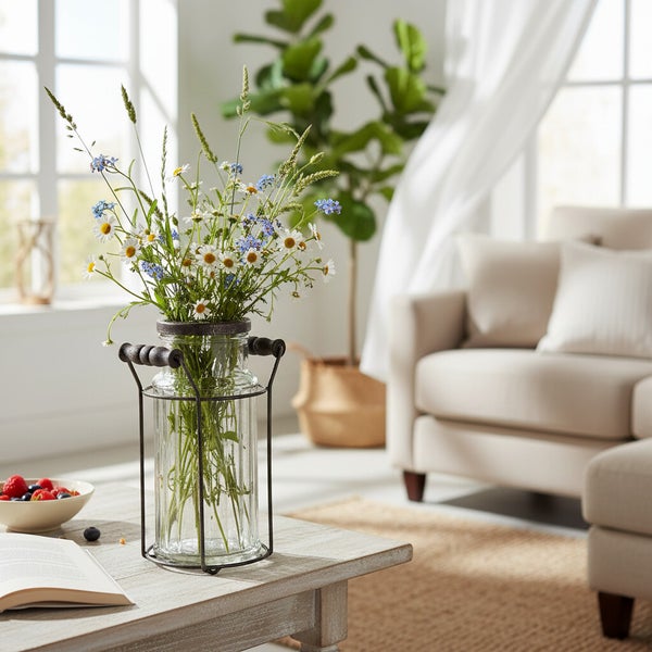 Eine gläserne Blumenvase mit Metallgestell und Griffen auf einem Holztisch in einem hellen Wohnzimmer mit einer Pflanze und einem Sofa im Hintergrund.