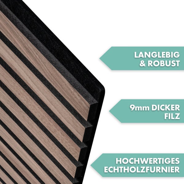 Detailaufnahme einer Akustikplatte mit Echtholzfurnier und Filz, die langlebig und robust ist