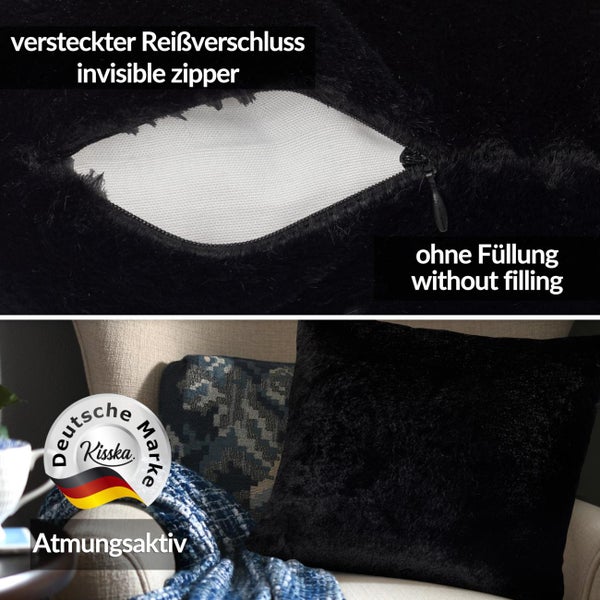 Schwarzer Dekokissenbezug mit Struktur, Kisska Logo, unsichtbarer Reißverschluss, atmungsaktives Material, Verkauf ohne Füllung.