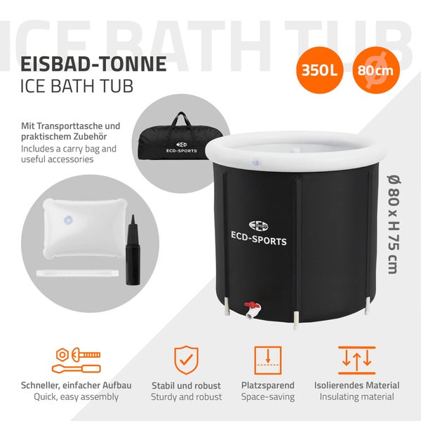 ECD Sports Eisbadtonne mit 350 Liter Fassungsvermögen inklusive Transporttasche Zubehör und Pumpe