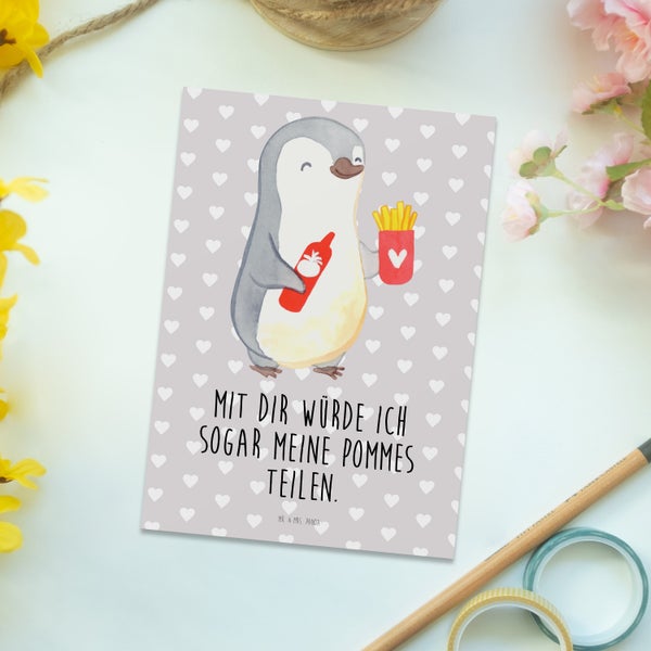 Mr. & Mrs. Panda Postkarte Pinguin Pommes - Grau Pastell