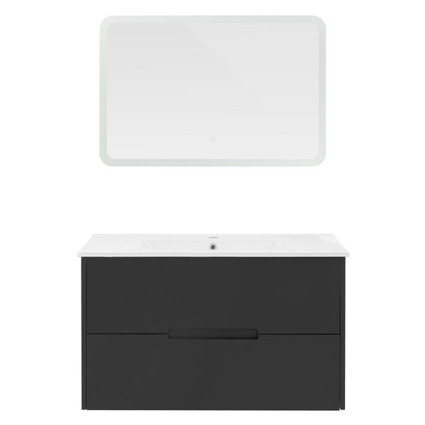 ML-Design Badmöbel-Set 3-teilig, Grau, LED-Spiegel mit Touchschalter 90x60 cm, Unterschrank 89x45x52,5 cm, MDF, Grau, Waschbecken 91,5 cm, Waschtisch Keramik, modern, Badezimmermöbel, viel Stauraum