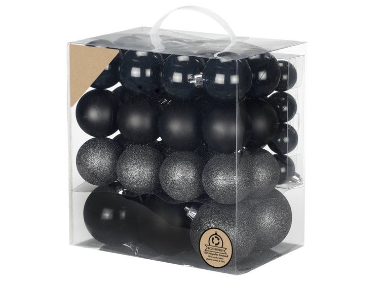 Set mit Weihnachtskugeln aus Kunststoff in verschiedenen Oberflächenstrukturen in einer durchsichtigen Tragebox mit Nachhaltigkeitssiegel
