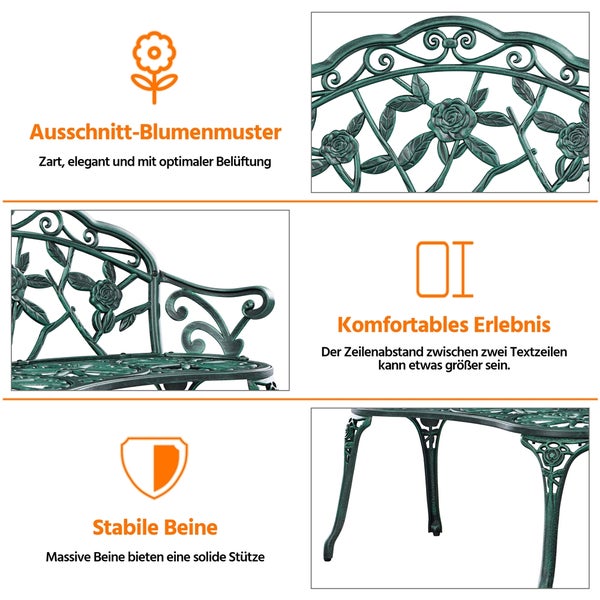 Detailansichten einer Metall-Gartenbank mit dekorativem Rosenmuster an Rückenlehne und Sitzfläche sowie stabilen, geschwungenen Beinen.