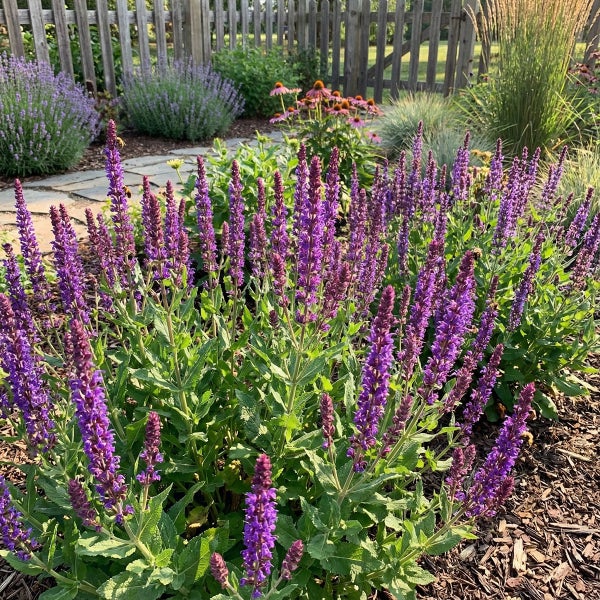 Gartenbeet mit violettem Steppensalbei, Lavendel und Sonnenhut vor einem Holzzaun mit Rindenmulch und Steinplattenweg.