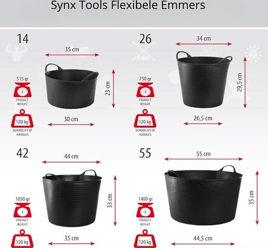 Synx Tools Flexible Eimer mit Größenangaben