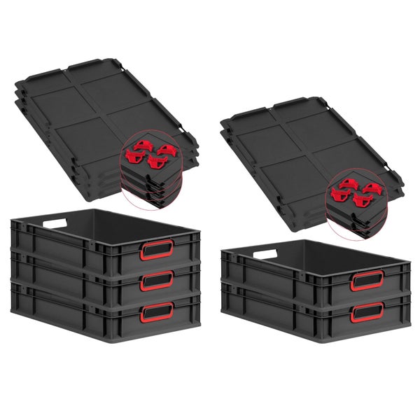 PROREGAL SparSet 5x Eurobox NextGen Color mit Auflagedeckel und Schiebeschnappverschlüsse, HxBxT 12x40x60cm, 23 Liter, Schwarz, Griffe rot offen, Eurobehälter, Transportbox, Transportbehälter, Stapelbehälter