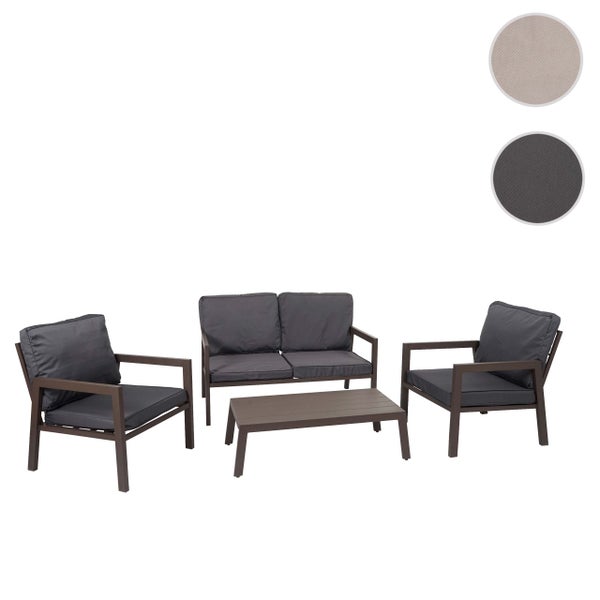 Garten-Lounge-Set bestehend aus einem Zweisitzer-Sofa, zwei Sesseln und einem Couchtisch. Metallgestell mit Sitzkissen und Rückenkissen.