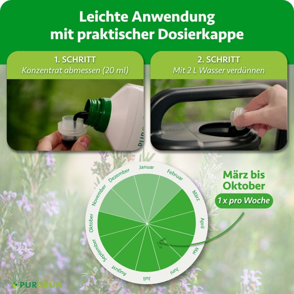 Eine Flasche Purgrün Rosmarin Flüssigdünger vor einem lächelnden Gärtner mit Hut und Schürze.