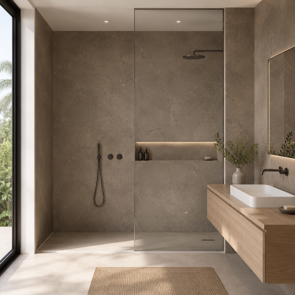 Modernes Badezimmer mit ebenerdiger Dusche, großformatigen Fliesen in Natursteinoptik, Waschtisch aus Holz und schwarzen Armaturen.