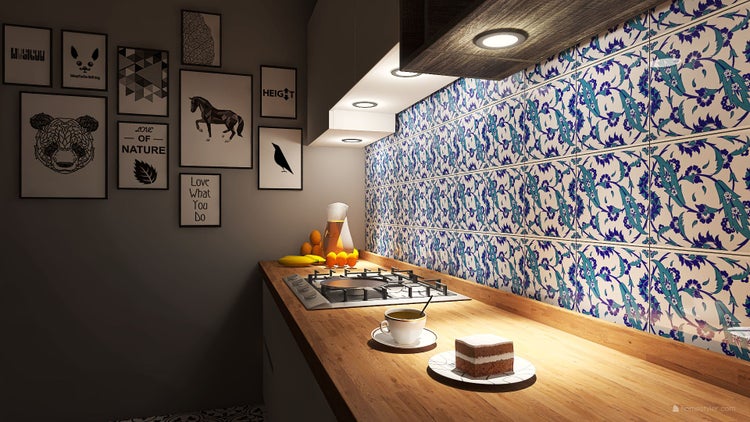 Küchenszene mit Dekorfliesen, Arbeitsplatte aus Holz, Kochfeld und verschiedenen dekorativen Elementen