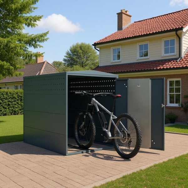 Fahrradbox mit geöffneter Tür und Fahrrad davor
