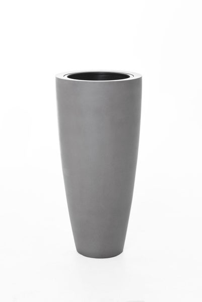 Hoher, konischer Pflanzkübel in Grau mit glatter Oberfläche.