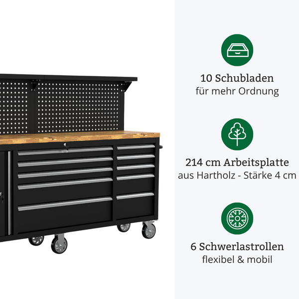 Werkbank mit Lochwand, 10 Schubladen, 214 Zentimeter Hartholz Arbeitsplatte und 6 Schwerlastrollen für hohe Mobilität.