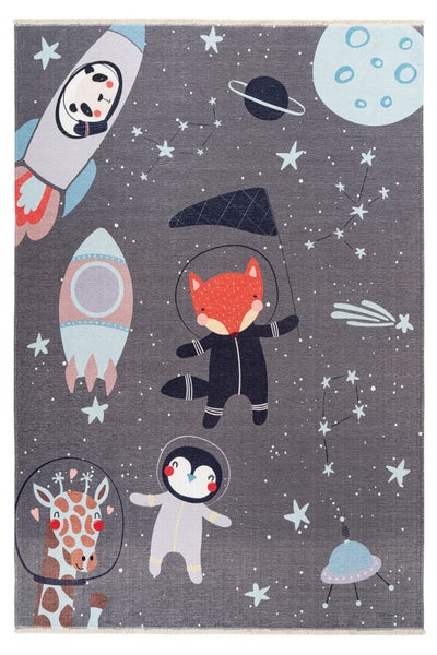 Kinderteppich mit Weltraummotiv und Tieren in Astronautenanzügen auf einem dunklen Hintergrund.