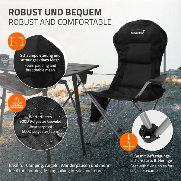 Hauki Campingstuhl faltbar, Schwarz, Angelstuhl mit Getränkehalter & Tragetasche, Gartenstuhl klappbar, bis 150kg, Übergroßer Klappstuhl mit Hochlehner, Gepolster Faltstuhl leicht, Anglerstuhl tragbar