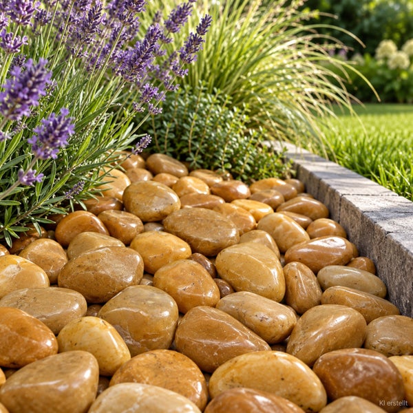 Gartenbeet mit glatten Kieselsteinen und Lavendel, eingefasst von rechteckigen Steinplatten.