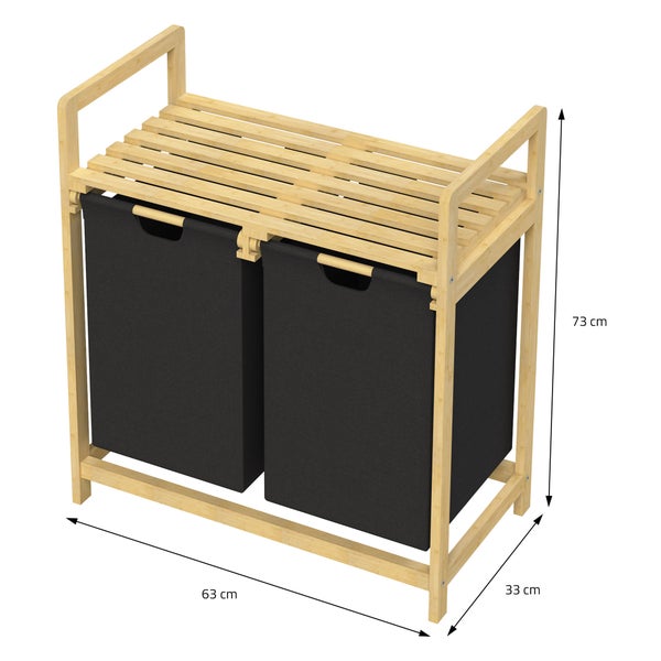 ML-Design Wäschekorb aus Bambus, Schwarz, Wäschebox mit 2 Fächern, Wäschesammler mit 2 ausziehbaren Wäschesäcken 60 L, Wäschetruhe mit Ablage, Wäschesortierer für Badezimmer, Wäschetonne mit Regal