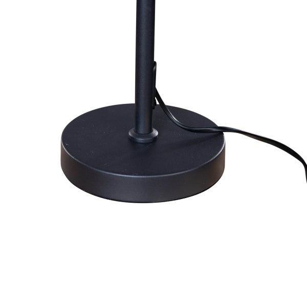 Runder schwarzer Lampenfuß aus Metall mit Standrohr und Stromkabel.