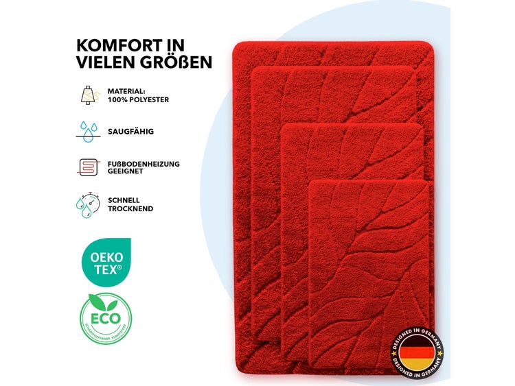 FLOORDIREKT Badematte Maris - Flauschiger Badvorleger mit Blattstruktur - Rot - 40 x 60 cm