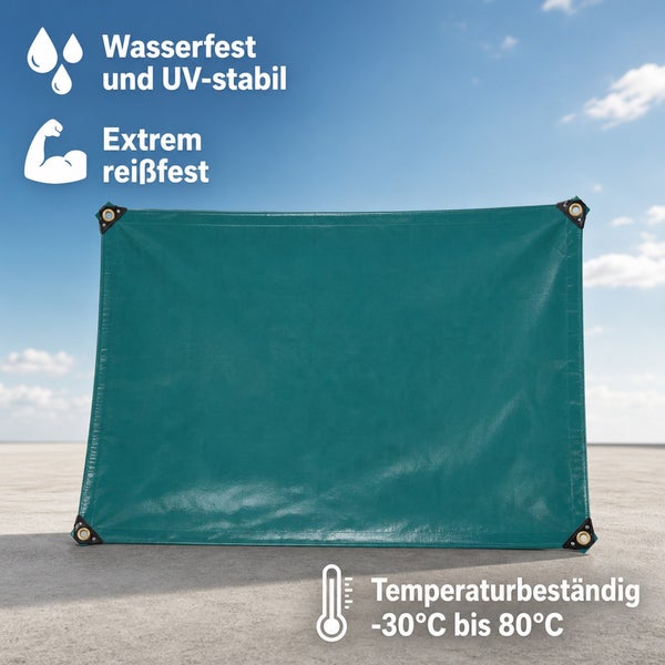 Reißfeste Abdeckplane, wasserfest und UV-stabil, temperaturbeständig von minus 30 Grad bis 80 Grad Celsius mit Ösen zur Befestigung.