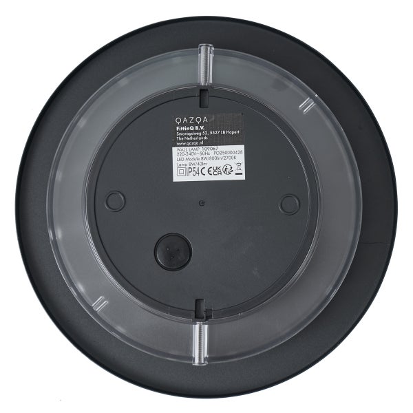 Rückansicht einer runden LED Wandleuchte mit Qazqa Logo, Schutzart IP54, technischen Daten, Montageöffnungen und Kabeldurchlass.