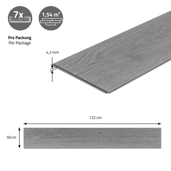 ML-Design Deluxe PVC Bodenbelag, Click Vinyl-Dielen, Vinylboden, 122 cm x 18 cm x 4,2 mm, Dicke 4,2mm, 7,7m²/35 Dielen, Windswell Hickory Eiche Holzoptik, Grau, modern, wasserfest, Belastungsklasse 34