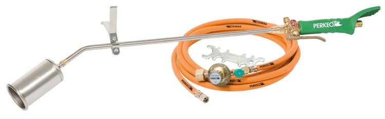 Perkeo Propan-Abflammgerät-Set mit langem Brennerstab, grünem Handgriff, Gasschlauch, Druckregler und Universalschlüssel. Perkeo Logo.
