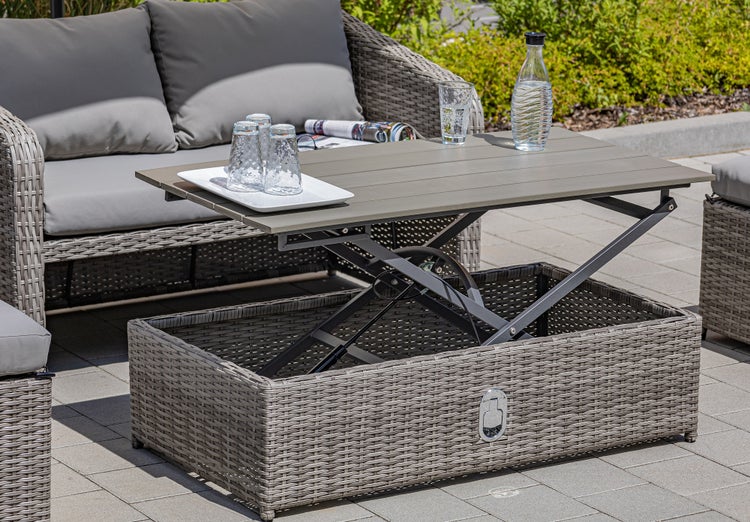 Ondis24 Lounge Sitzgarnitur aus Rattan, 4-tlg. mit Lift-Tisch, Gartenmöbel