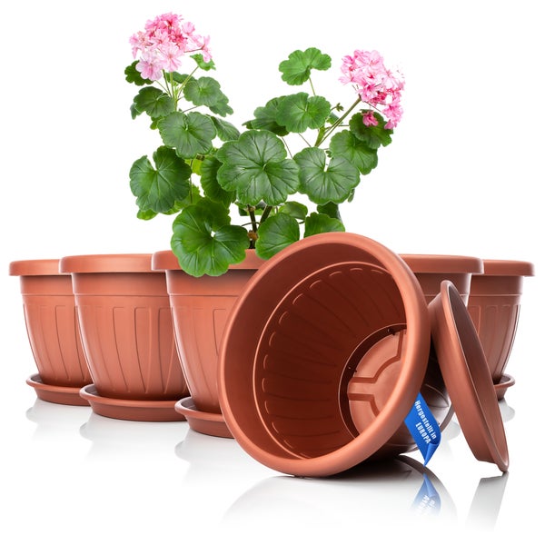 BigDean 6x Blumentopf mit Untersetzer rund ø28xH20 cm terracotta - wetterfester Pflanzkübel - Wasserablauf UV-beständig aus bruchsicherem Kunststoff - Innen + Außen geeignet - Made in Europe