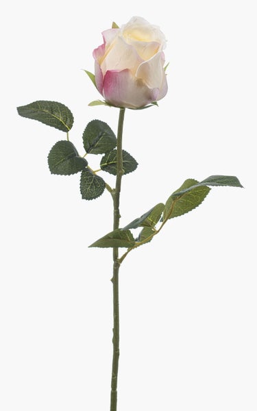 Künstliche Rose in Cremeweiß und Rosa mit grünem Stiel und Blättern