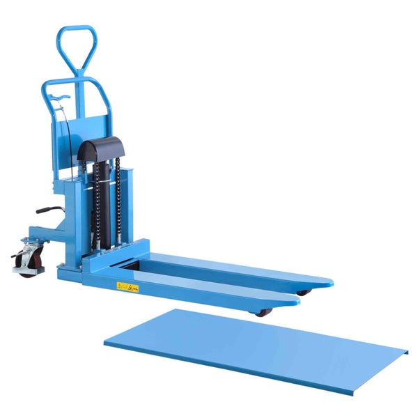 Manueller blauer Hochhubwagen aus Stahl mit Hydraulikpumpe, Deichsel und abnehmbarer Plattform.
