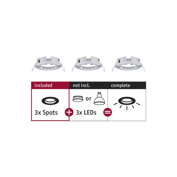 Drei Einbaustrahler als Set, Leuchtmittel nicht enthalten, zur Vervollständigung mit LED Leuchtmitteln geeignet.