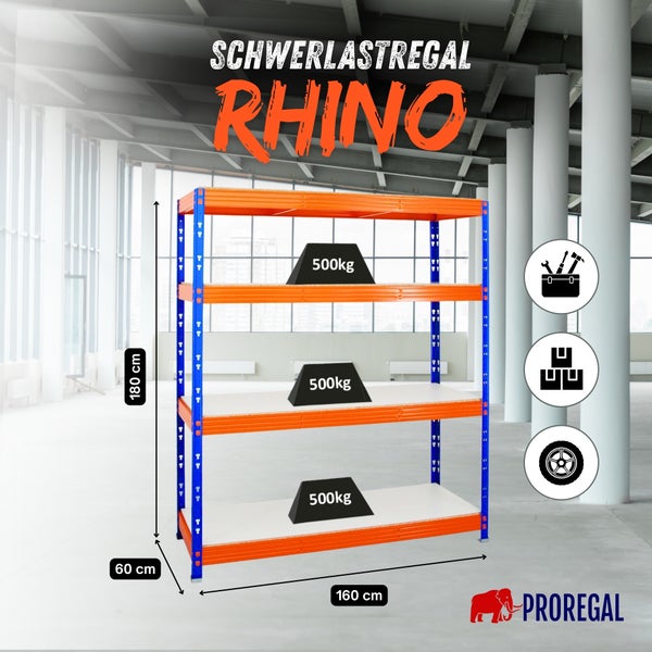 Schwerlastregal Rhino, 180 Zentimeter hoch, 160 Zentimeter breit, 60 Zentimeter tief. Tragkraft 500 Kilogramm pro Boden. Helles Lager. Proregal Logo.