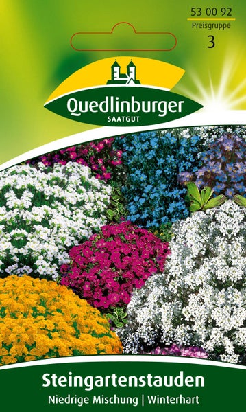 Samentüte für winterharte Steingartenstauden, niedrige Mischung, Quedlinburger Logo