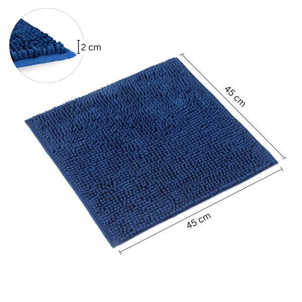 Quadratische Badematte aus Mikrofaser, 45 mal 45 Zentimeter, Florhöhe 2 Zentimeter, Blau.