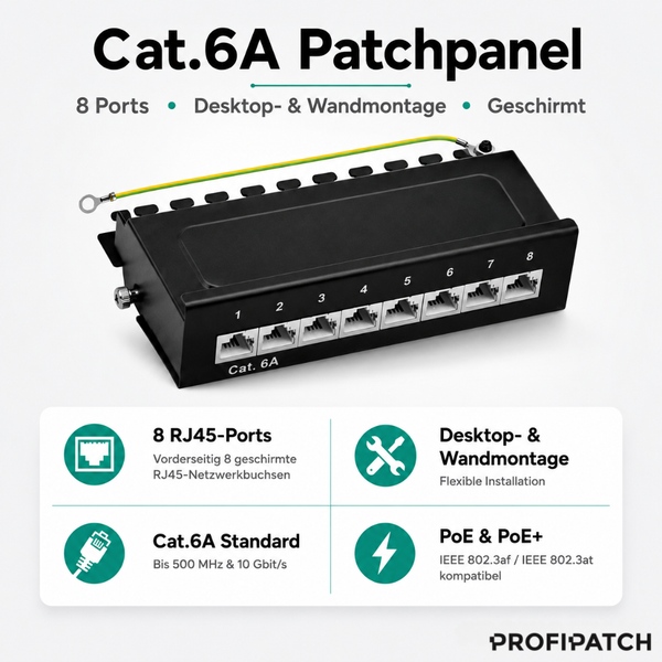 Kategorie 6A Patchpanel mit 8 RJ45 Anschlüssen, Tisch- und Wandmontage, geschirmt, 500 Megahertz, Power over Ethernet plus, PROFIPATCH Logo.