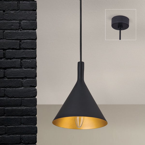 Moderne Pendelleuchte mit kegelförmigem Lampenschirm und textilummanteltem Kabel, inklusive Deckenbefestigung für eine stilvolle Innenbeleuchtung.