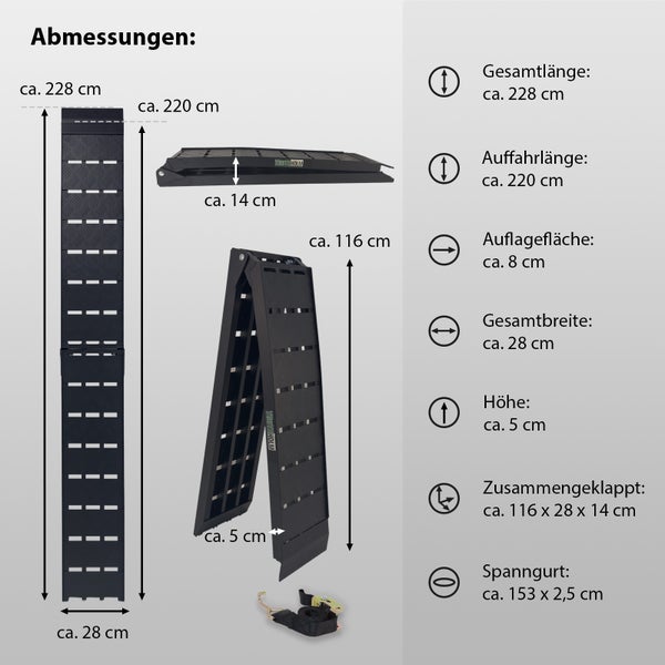 TRUTZHOLM 1 x Auffahrrampe klappbar 228cm Traglast 680kg Alu schwarz Riffelblechoptik Motorradrampe Verladerampe