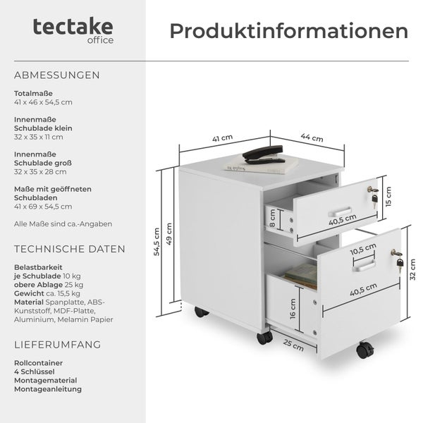 Produktinformationen zu einem weißen Rollcontainer von tectake office mit Maßangaben