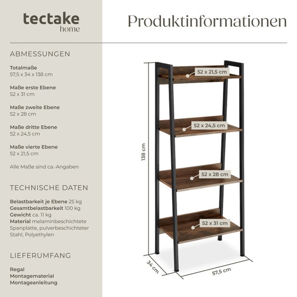 Leiterregal tectake Chatham inklusive Kippschutz, 57,5 x 34 x 138 cm Industrial Style Industrial Holz dunkel, rustikal