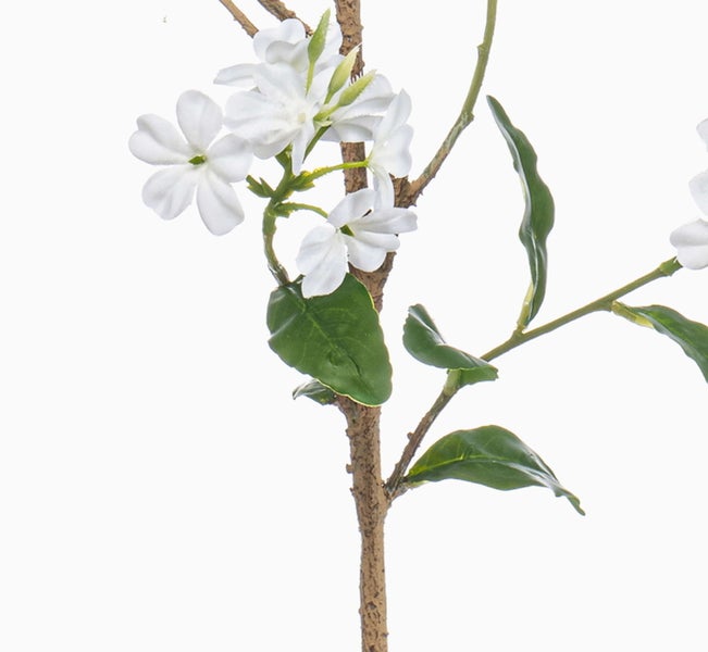 Künstlicher Jasminzweig mit weißen Blüten und grünen Blättern an einem braunen Stiel.