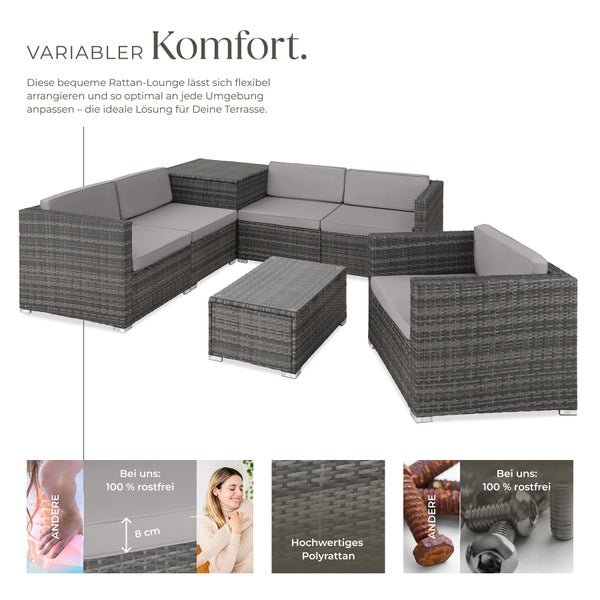 Rattan Lounge tectake Pisa inklusive großer Aufbewahrungsbox für 5 Personen grau