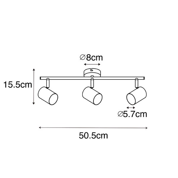 Abbildung einer Deckenleuchte mit drei Strahlern und Maßangaben