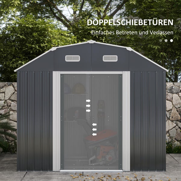 Outsunny Gerätehaus, 2,7 m² Geräteschuppen mit UV-Schutz, 2 Schiebetüren, Regal, 238 x 132 x 198,5 cm, Stahl, Dunkelgrau