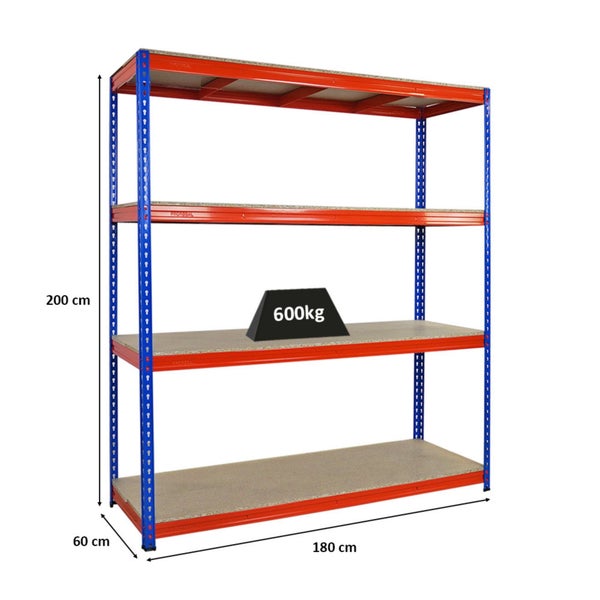 PROREGAL Profi Schwerlastregal Bison HxBxT 200 x 180 x 60 cm 4 Spanplatten-Ebenen 16mm Fachlast 600 kg Blau-Orange