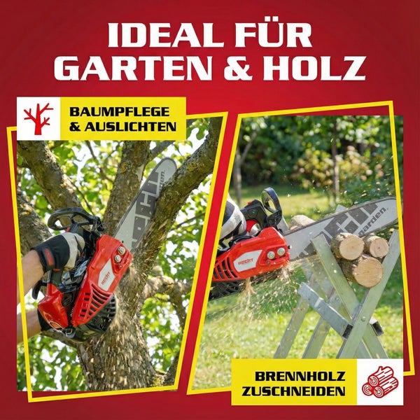Illustration einer Kettensäge beim Baum schneiden und Brennholz sägen