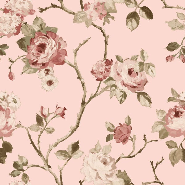 Tapete mit romantischem Rosenmuster und floralen Motiven auf einem glatten Untergrund